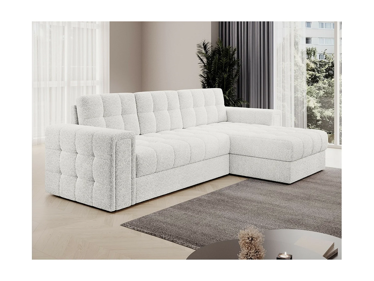 Ecksofa Polo R/Stoffbezug-Bouclé/Weiss