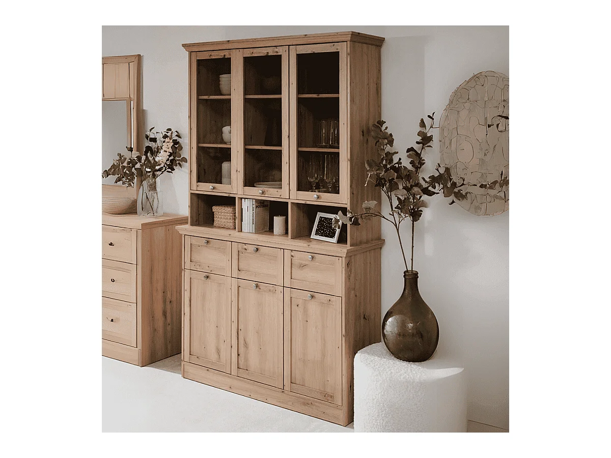 Buffet vitrine 6 portes dont 3 vitrées, 3 tiroirs et 3 niches L120 cm - TIMBER