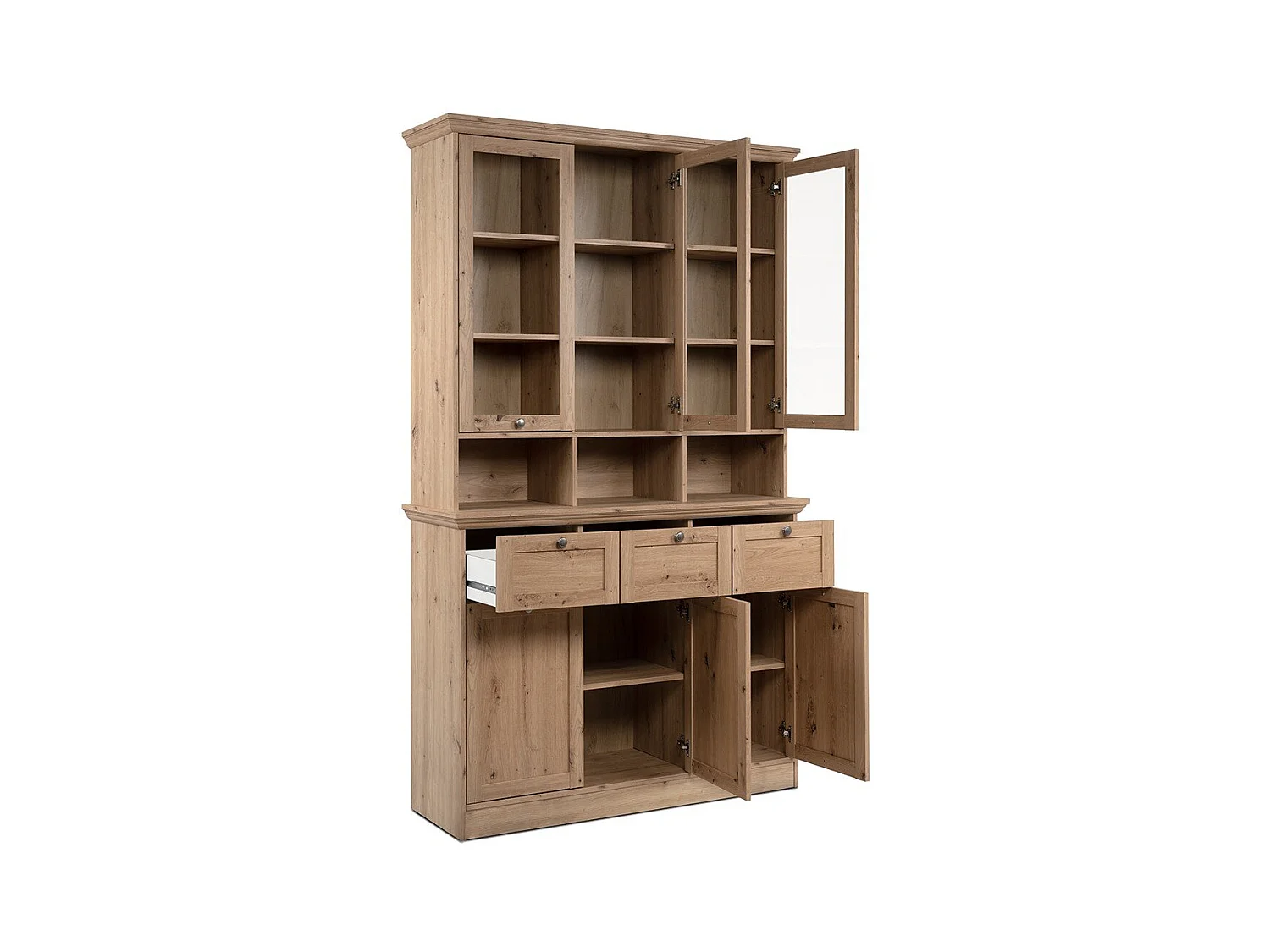 Buffet vitrine 6 portes dont 3 vitrées, 3 tiroirs et 3 niches L120 cm - TIMBER