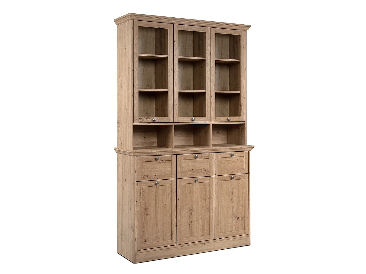 Bufet z 6 drzwiami (3 przeszklone), 3 szufladami i 3 wnękami L120 cm - DREWNO