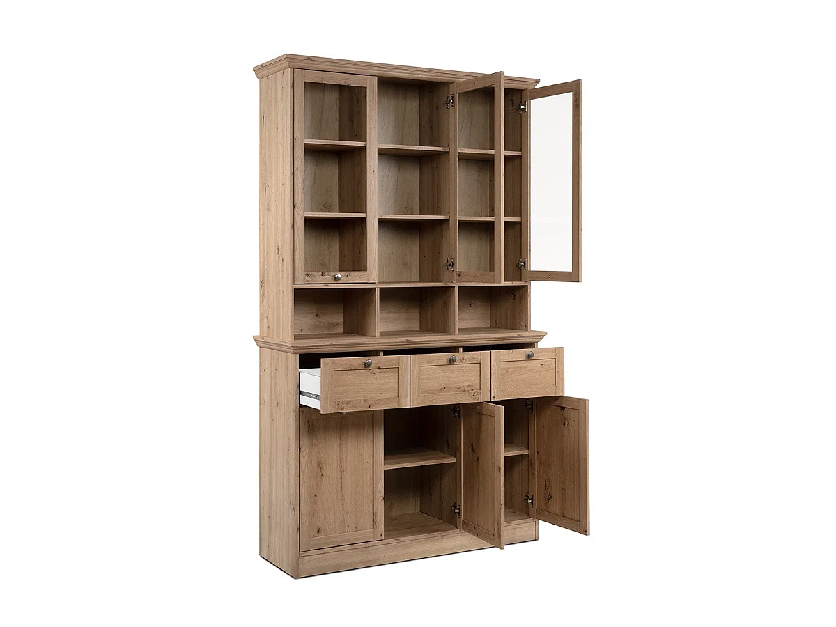 Bufet z 6 drzwiami (3 przeszklone), 3 szufladami i 3 wnękami L120 cm - DREWNO