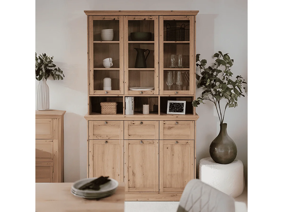 Bufet z 6 drzwiami (3 przeszklone), 3 szufladami i 3 wnękami L120 cm - DREWNO