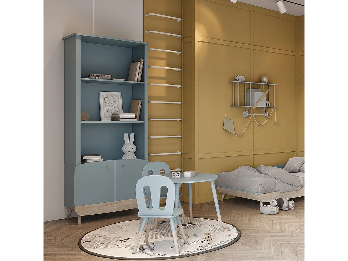 Bibliothèque 2 tablettes et 2 portes bleu orage et décor bois naturel H177 cm - FIRMIANA