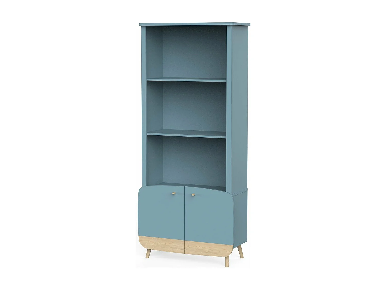 Bibliothèque 2 tablettes et 2 portes bleu orage et décor bois naturel H177 cm - FIRMIANA
