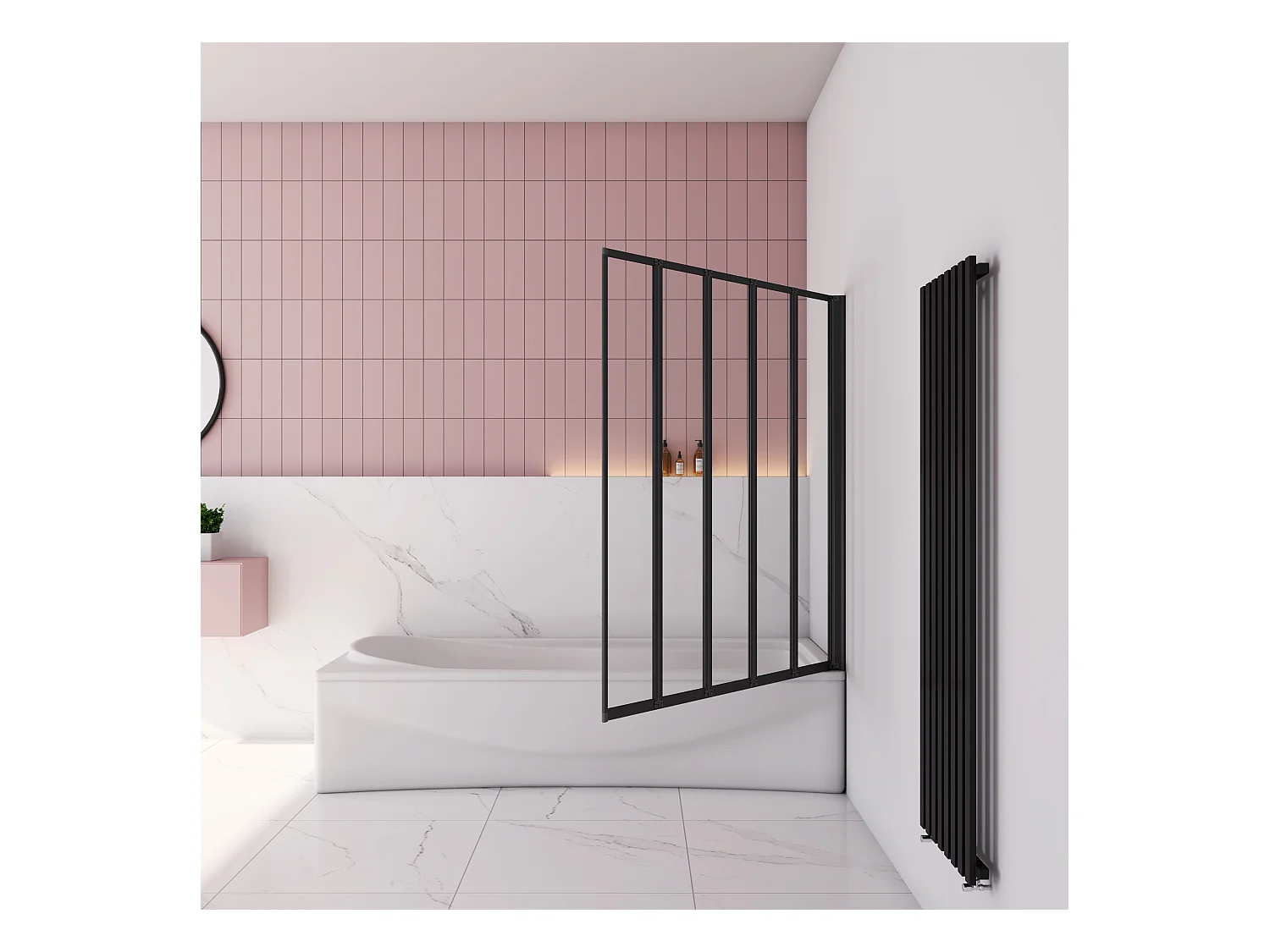 120x140cm Badwand 5-delig vouwbaar,4mm helder ESG-veiligheidsglas - mat zwart profiel