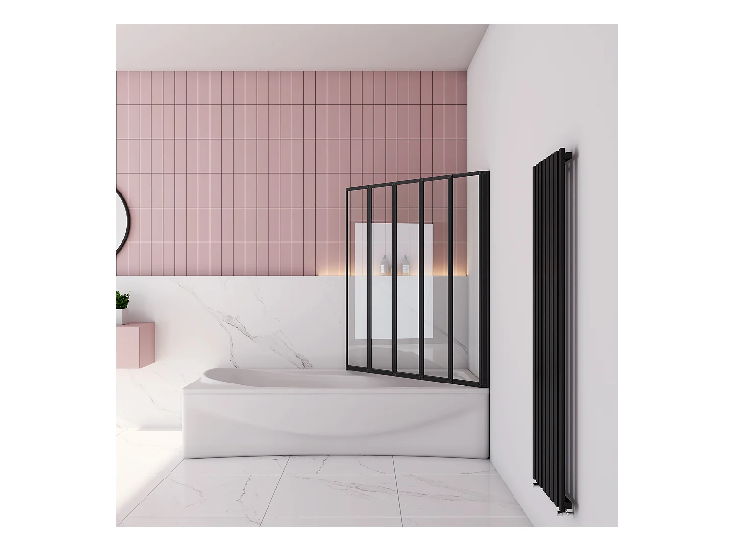 120x140cm Badwand 5-delig vouwbaar,4mm helder ESG-veiligheidsglas - mat zwart profiel