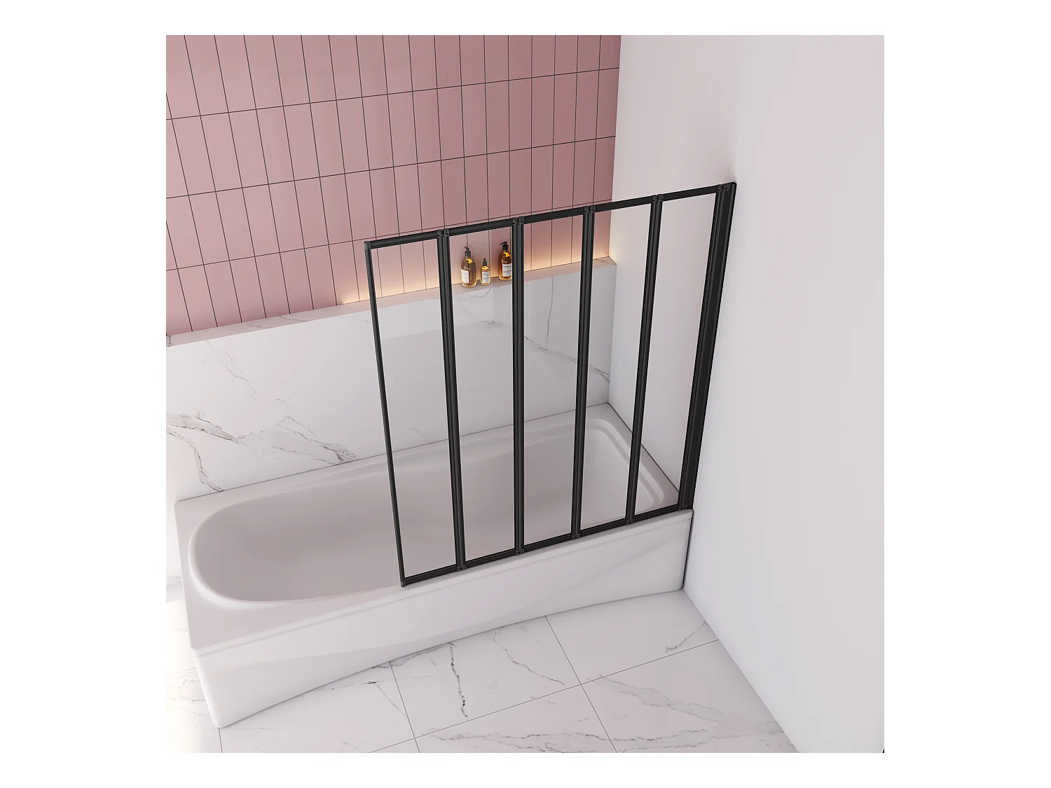 120x140cm Badwand 5-delig vouwbaar,4mm helder ESG-veiligheidsglas - mat zwart profiel