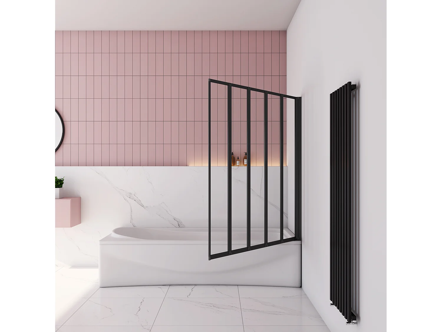 120x140cm Badwand 5-delig vouwbaar,4mm helder ESG-veiligheidsglas - mat zwart profiel