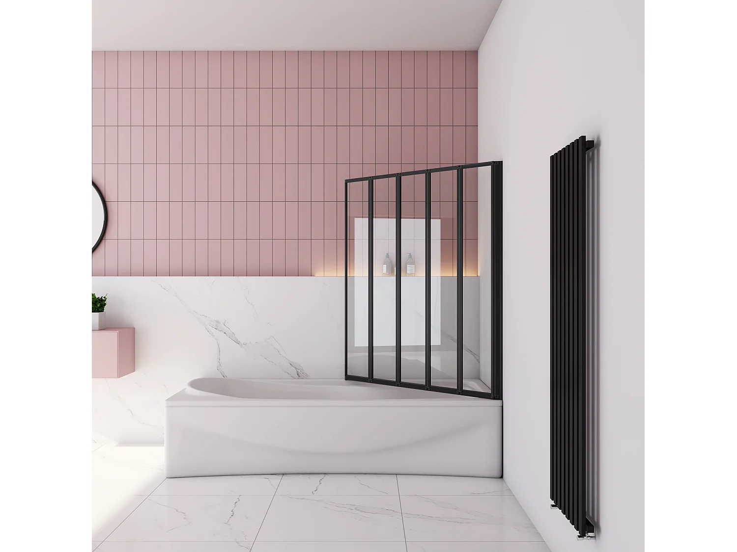 120x140cm Badwand 5-delig vouwbaar,4mm helder ESG-veiligheidsglas - mat zwart profiel