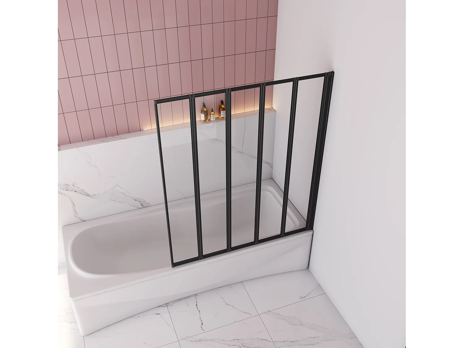 120x140cm Badwand 5-delig vouwbaar,4mm helder ESG-veiligheidsglas - mat zwart profiel