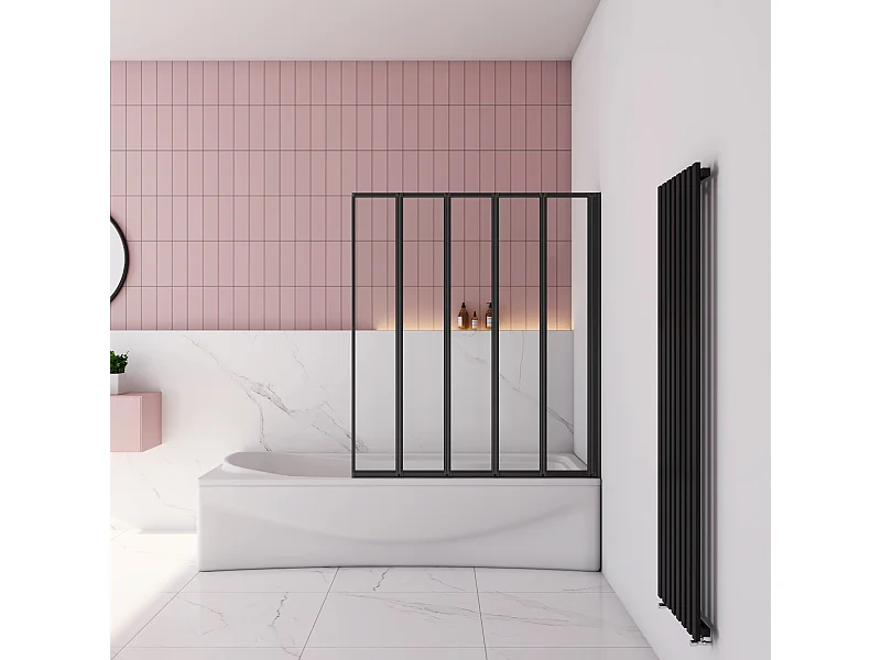 120x140cm Badwand 5-delig vouwbaar,4mm helder ESG-veiligheidsglas - mat zwart profiel