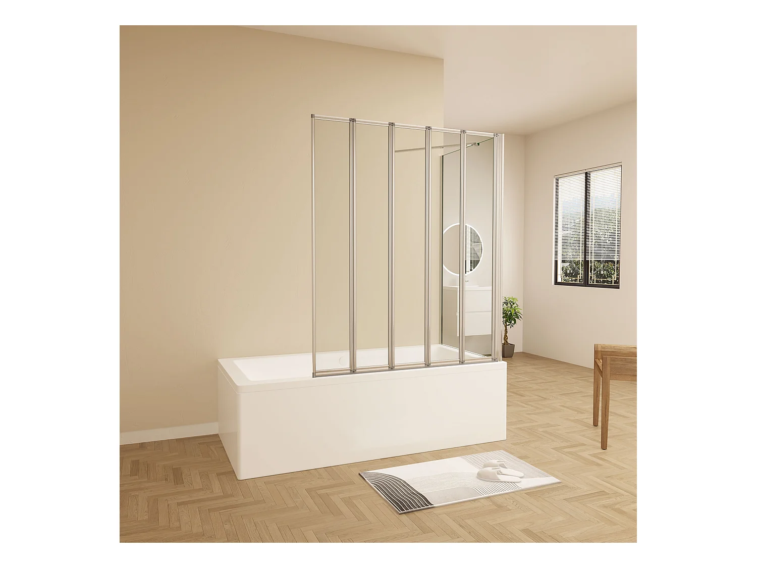 120x80x140cm Badwand 5 panelen vouwbaar met vast zijwand,4mm helder ESG-veiligheidsglas,profiel van glanzend chroom