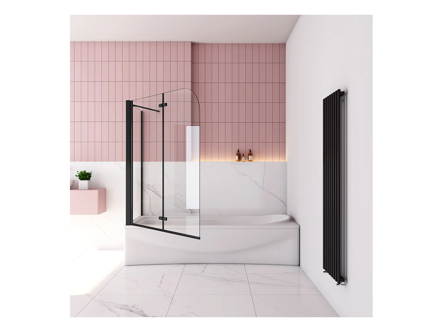 Badwand met 2 delig inklapbaar deur 100x140 cm en een zijwand 80cm ,6 mm helder EasyClean veiligheidsglas，mat zwarte profiel