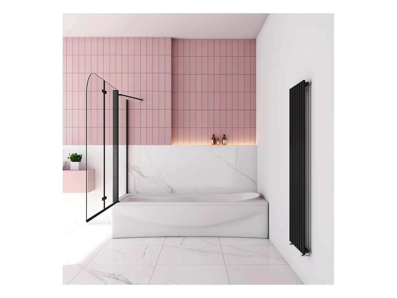 Badwand met 2 delig inklapbaar deur 100x140 cm en een zijwand 80cm ,6 mm helder EasyClean veiligheidsglas，mat zwarte profiel