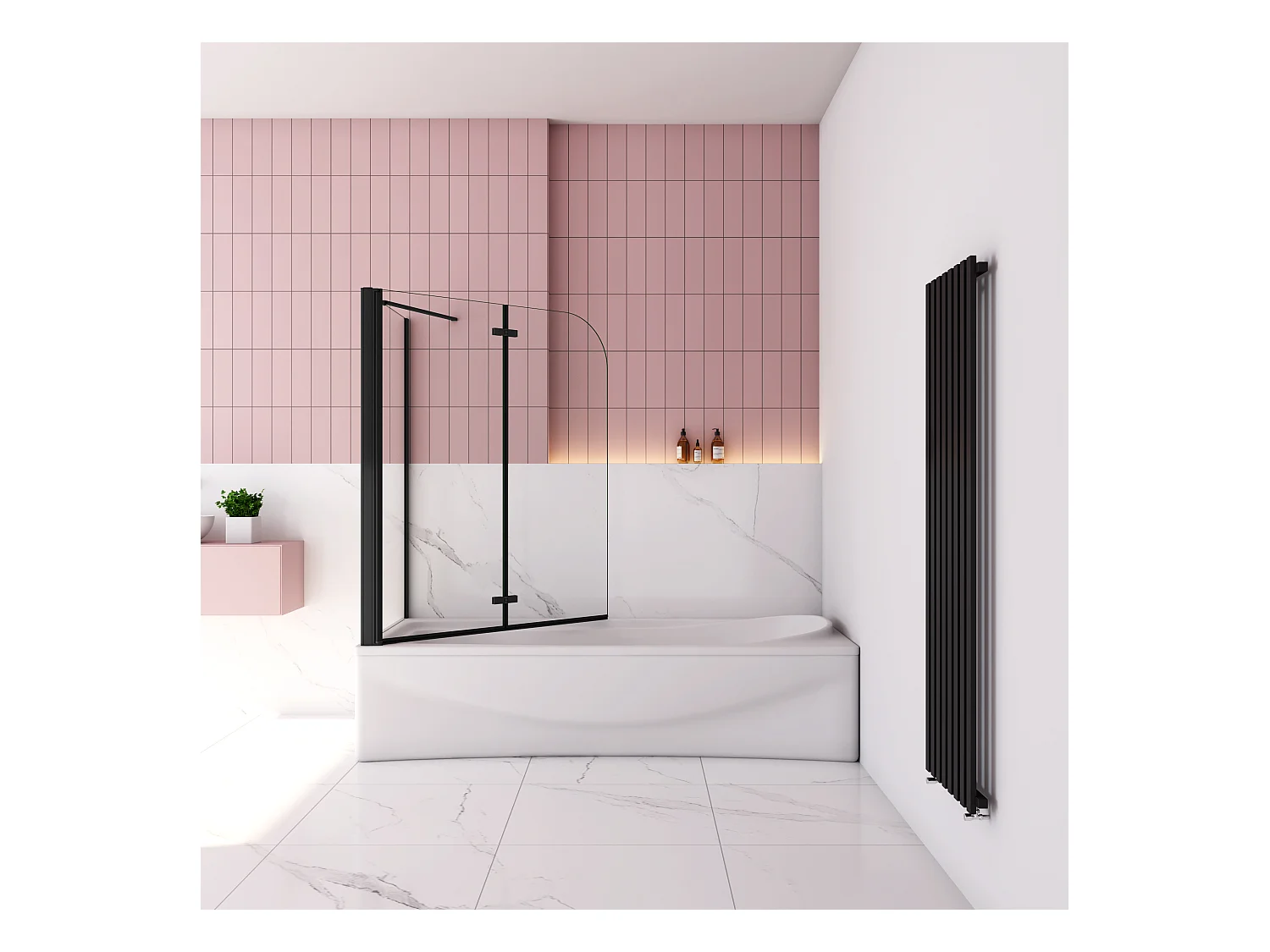 Badwand met 2 delig inklapbaar deur 100x140 cm en een zijwand 80cm ,6 mm helder EasyClean veiligheidsglas，mat zwarte profiel