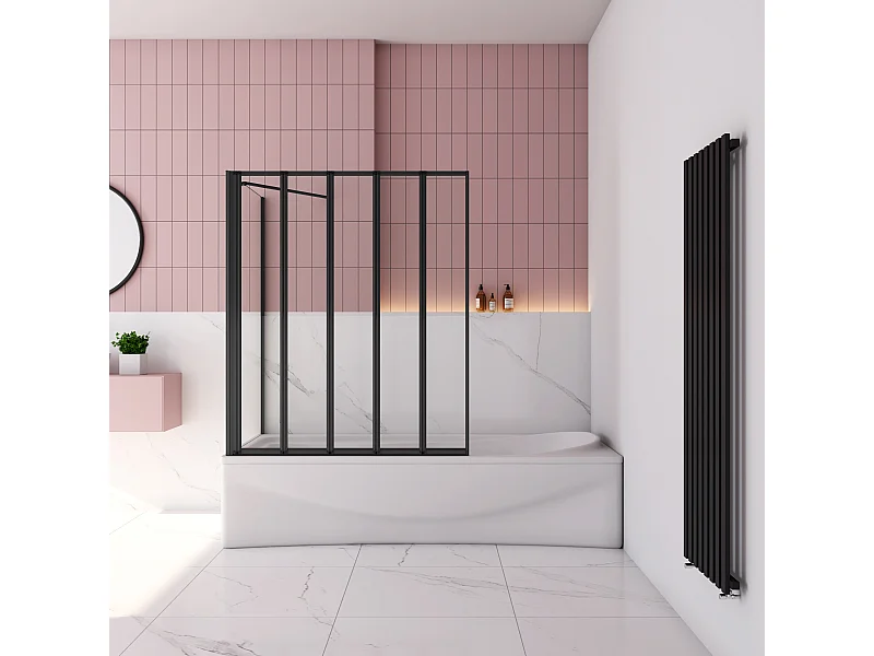120x70x140cm Badwand 5-delig vouwbaar met vast zijwand,4mm helder ESG-veiligheidsglas - mat zwart profiel