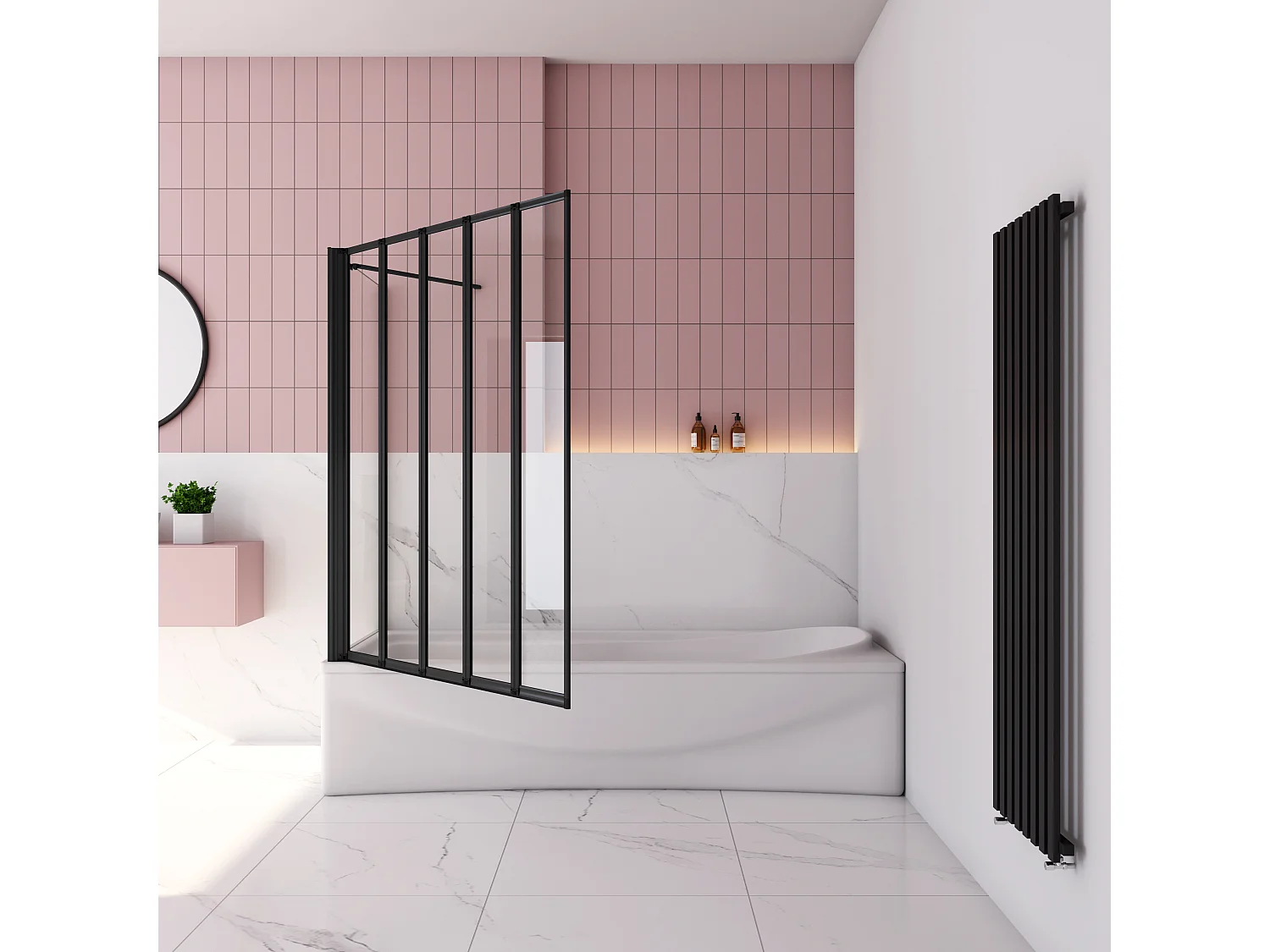 120x70x140cm Badwand 5-delig vouwbaar met vast zijwand,4mm helder ESG-veiligheidsglas - mat zwart profiel