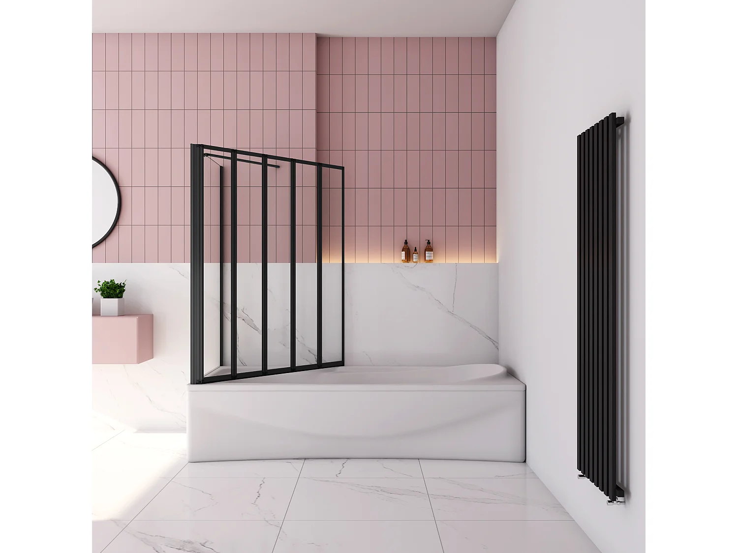 120x70x140cm Badwand 5-delig vouwbaar met vast zijwand,4mm helder ESG-veiligheidsglas - mat zwart profiel