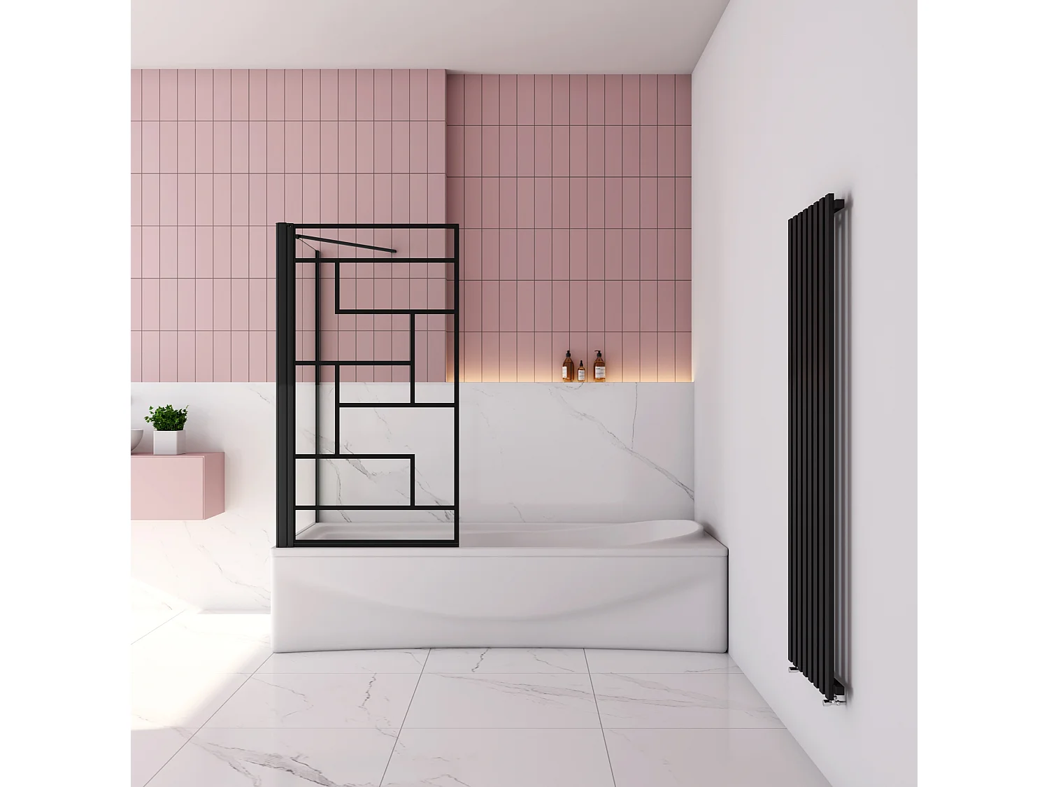 80x80x140cm Badscherm badwand draaibaar met vast zijwand,6 mm nano helder veiligheidsglas - mat zwart profiel