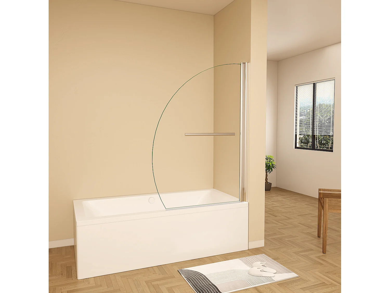 100x150cm Kwartrond draaibaar badwand,8mm helder gehard veiligheids glas,40cm handdoekstang