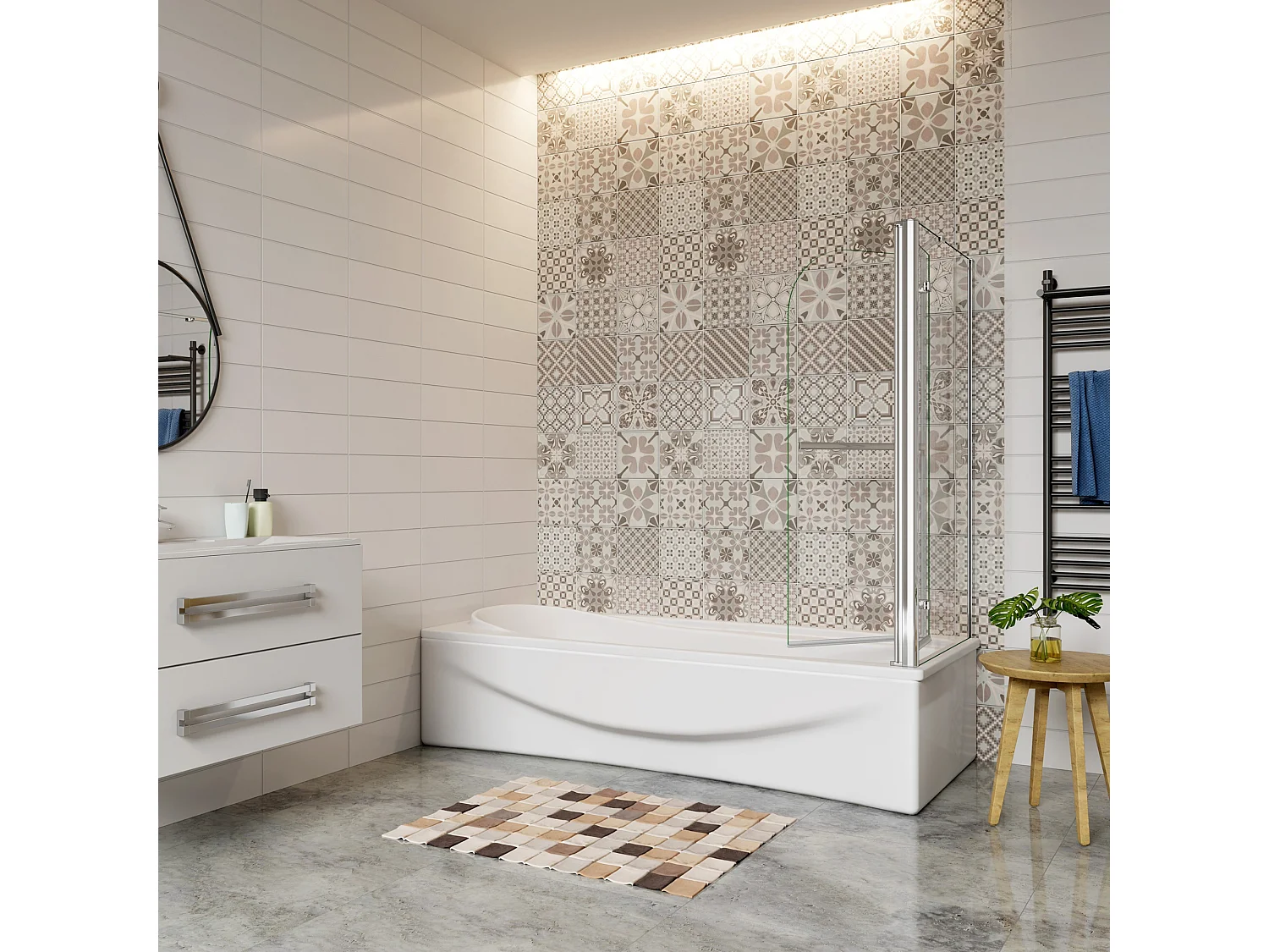 100x75x140cm Badwand vouwbaar met vast zijwand,6 mm nano helder veiligheidsglas,verchroomd handdoekstang - glanzend chroom