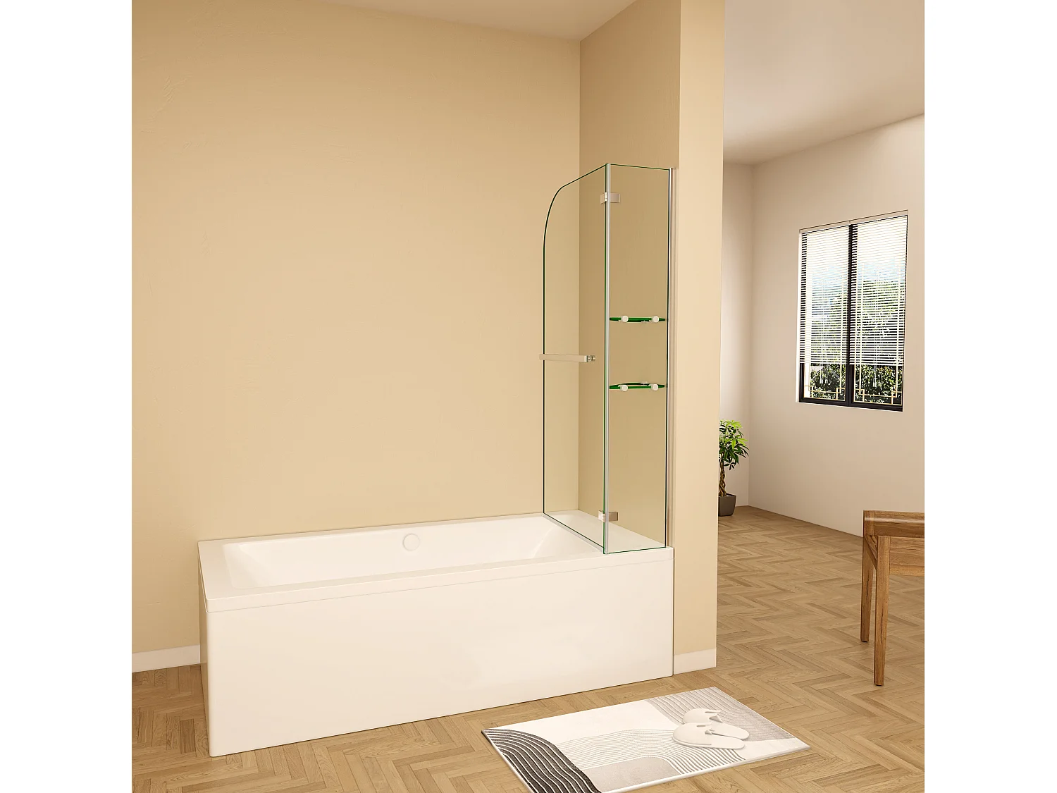 Badscherm badwand draaibaar 100x140cm,6 mm helder ESG-veiligheidsglas,inclusief handdoekenrek en hoekplanken - glanzend chroom