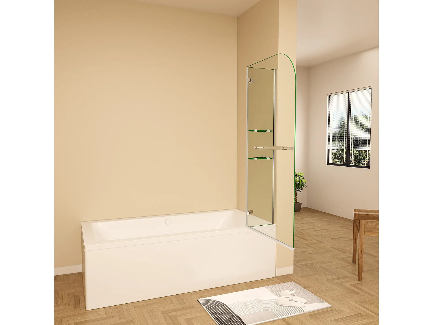 Badscherm badwand draaibaar 100x140cm,6 mm helder ESG-veiligheidsglas,inclusief handdoekenrek en hoekplanken - glanzend chroom