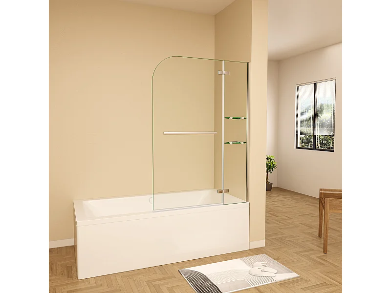 Badscherm badwand draaibaar 100x140cm,6 mm helder ESG-veiligheidsglas,inclusief handdoekenrek en hoekplanken - glanzend chroom