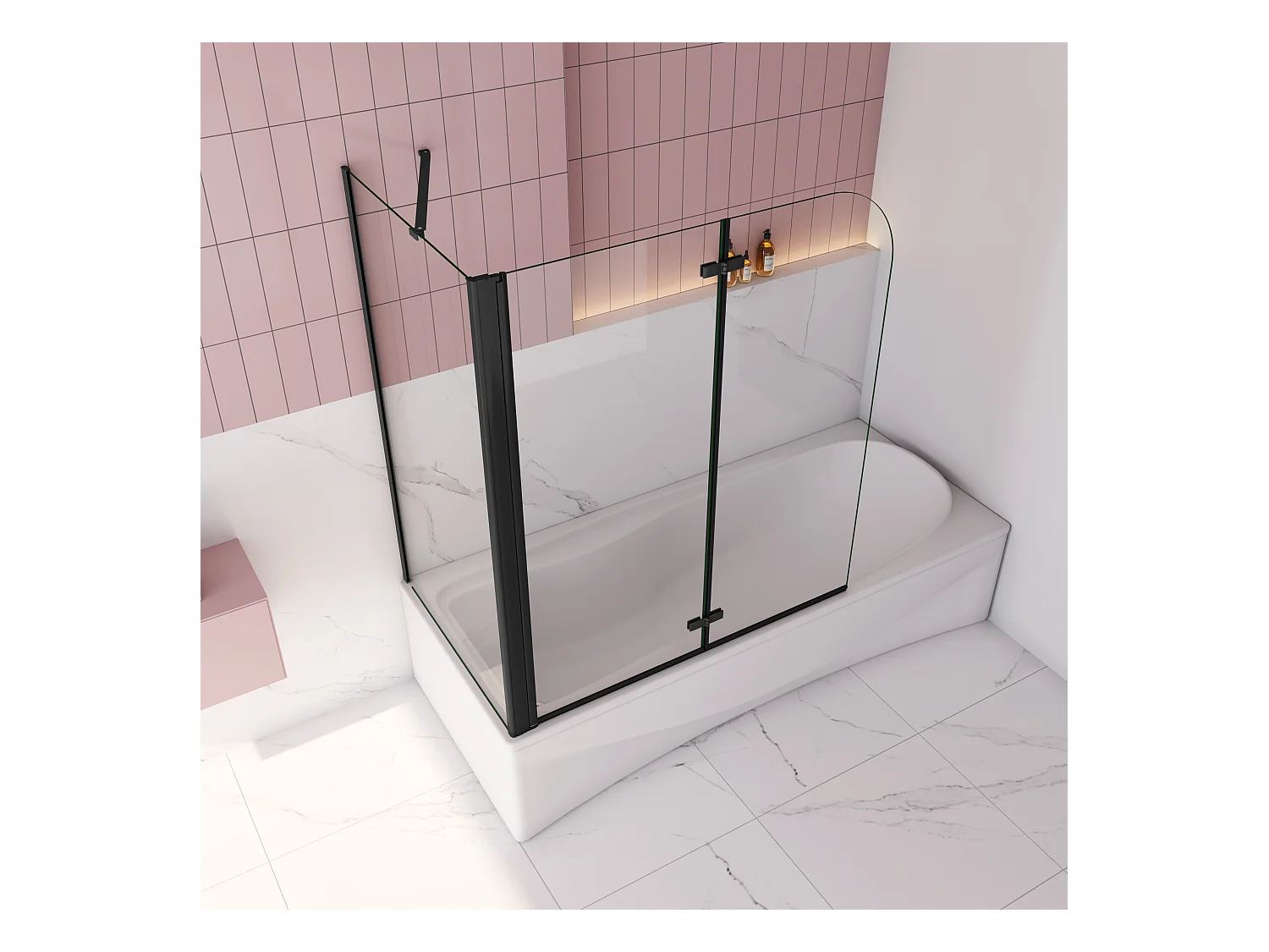 Badwand met 2 delig inklapbaar deur 110x140 cm en een zijwand 80cm ,6 mm helder EasyClean veiligheidsglas，mat zwarte profiel