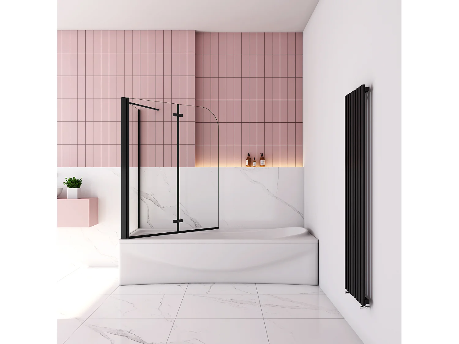 Badwand met 2 delig inklapbaar deur 110x140 cm en een zijwand 80cm ,6 mm helder EasyClean veiligheidsglas，mat zwarte profiel