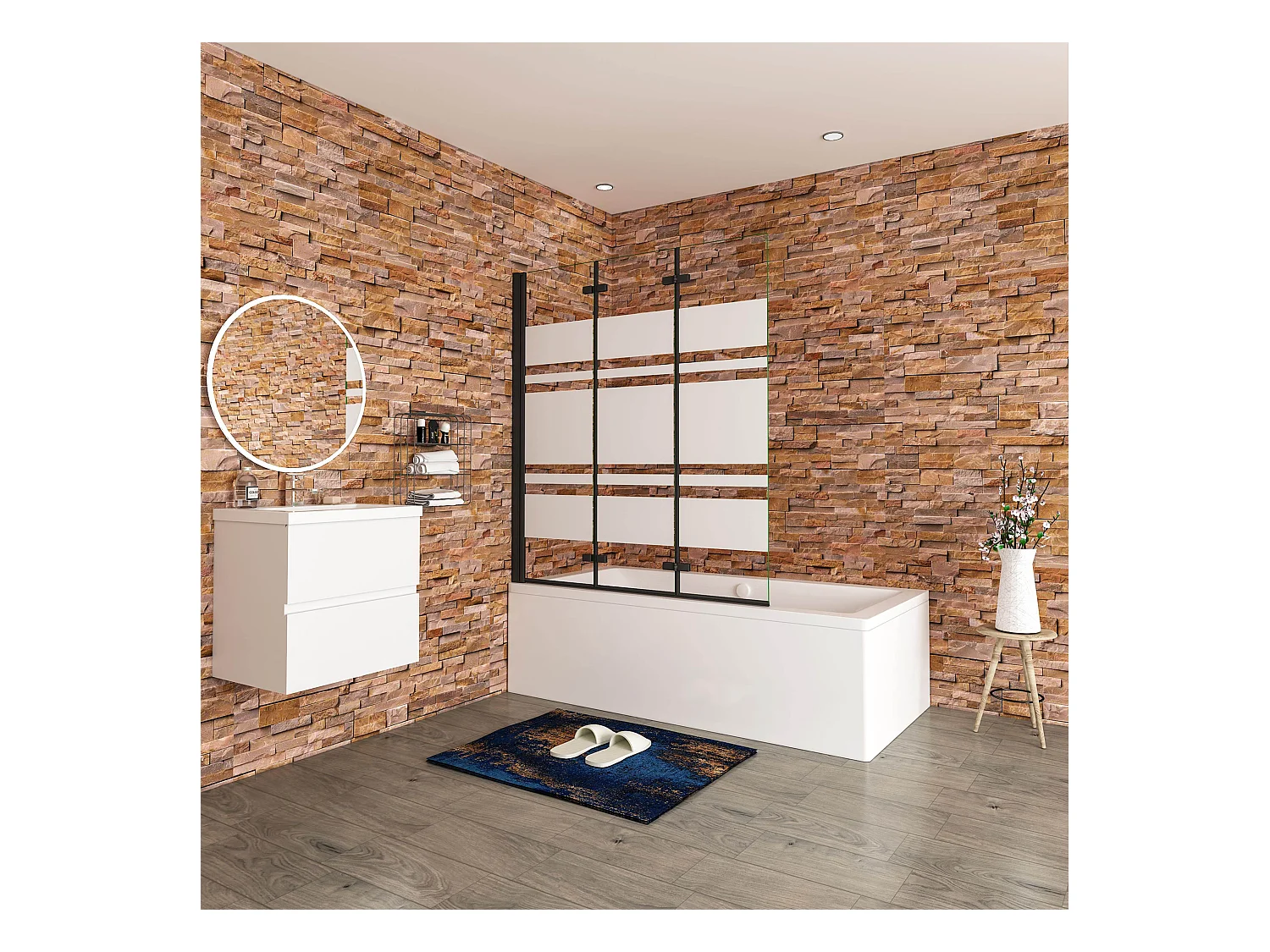 Opvouwbaar badwand 3 panelen vouwbaar 140x140cm,6 mm nano helder veiligheidsglas met horizontale strepen - mat zwart profiel