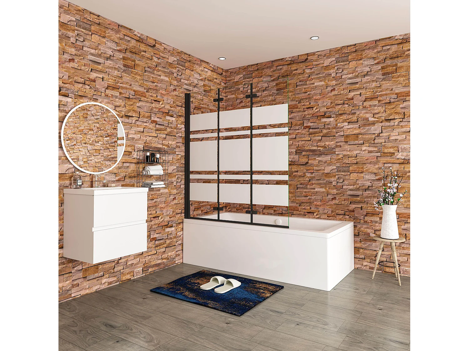 Opvouwbaar badwand 3 panelen vouwbaar 140x140cm,6 mm nano helder veiligheidsglas met horizontale strepen - mat zwart profiel