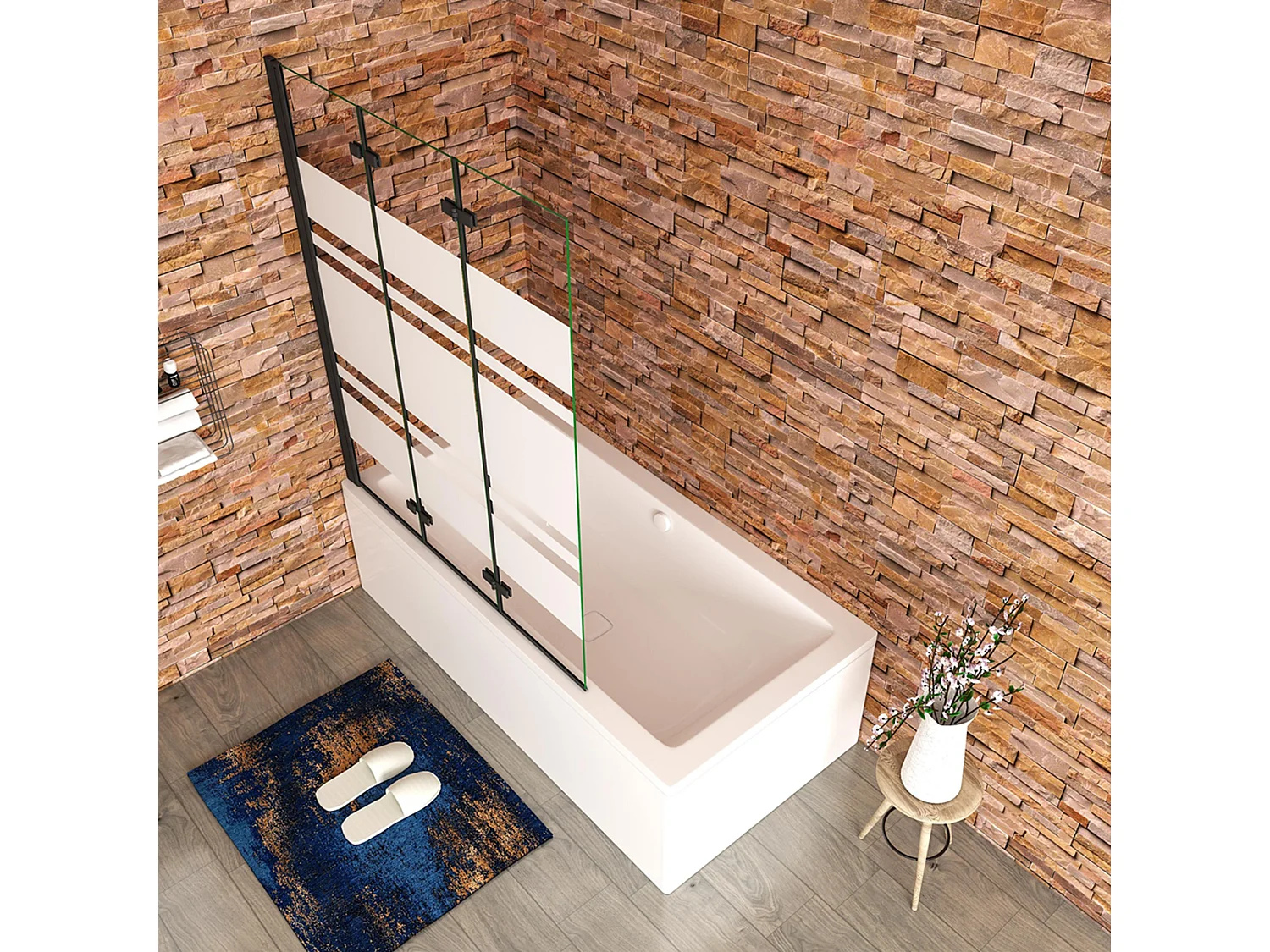 Opvouwbaar badwand 3 panelen vouwbaar 140x140cm,6 mm nano helder veiligheidsglas met horizontale strepen - mat zwart profiel