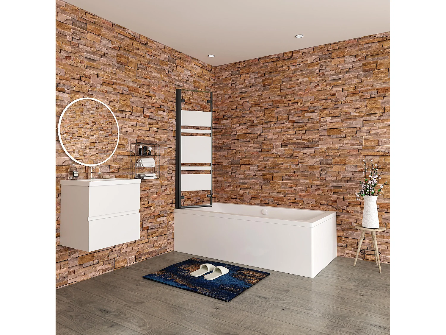 Opvouwbaar badwand 3 panelen vouwbaar 140x140cm,6 mm nano helder veiligheidsglas met horizontale strepen - mat zwart profiel