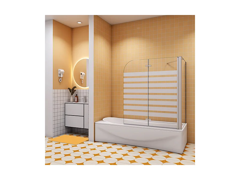 120x75x140cm Badwand 2 panelen vouwbaar met vast zijwand,6 mm nano helder veiligheidsglas met horizontale strepen - glanzend chroom - rechterkant installeren