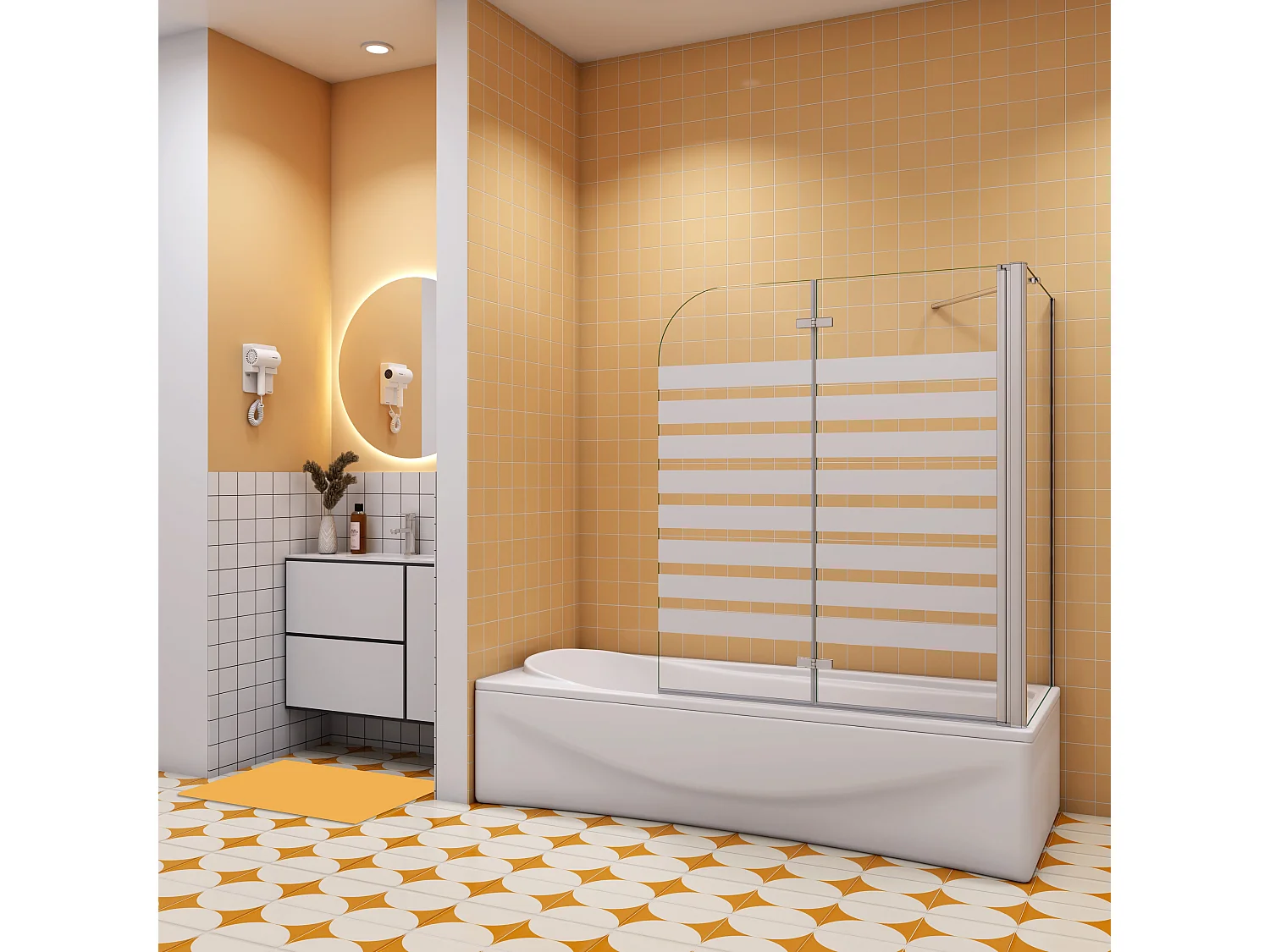 120x75x140cm Badwand 2 panelen vouwbaar met vast zijwand,6 mm nano helder veiligheidsglas met horizontale strepen - glanzend chroom - rechterkant installeren