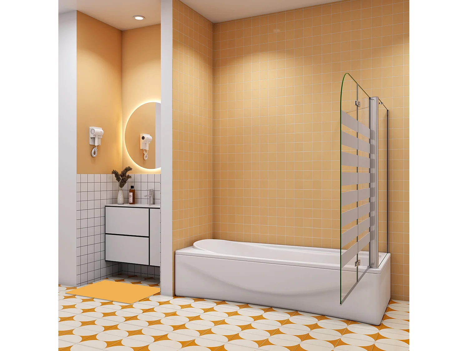 120x75x140cm Badwand 2 panelen vouwbaar met vast zijwand,6 mm nano helder veiligheidsglas met horizontale strepen - glanzend chroom - rechterkant installeren