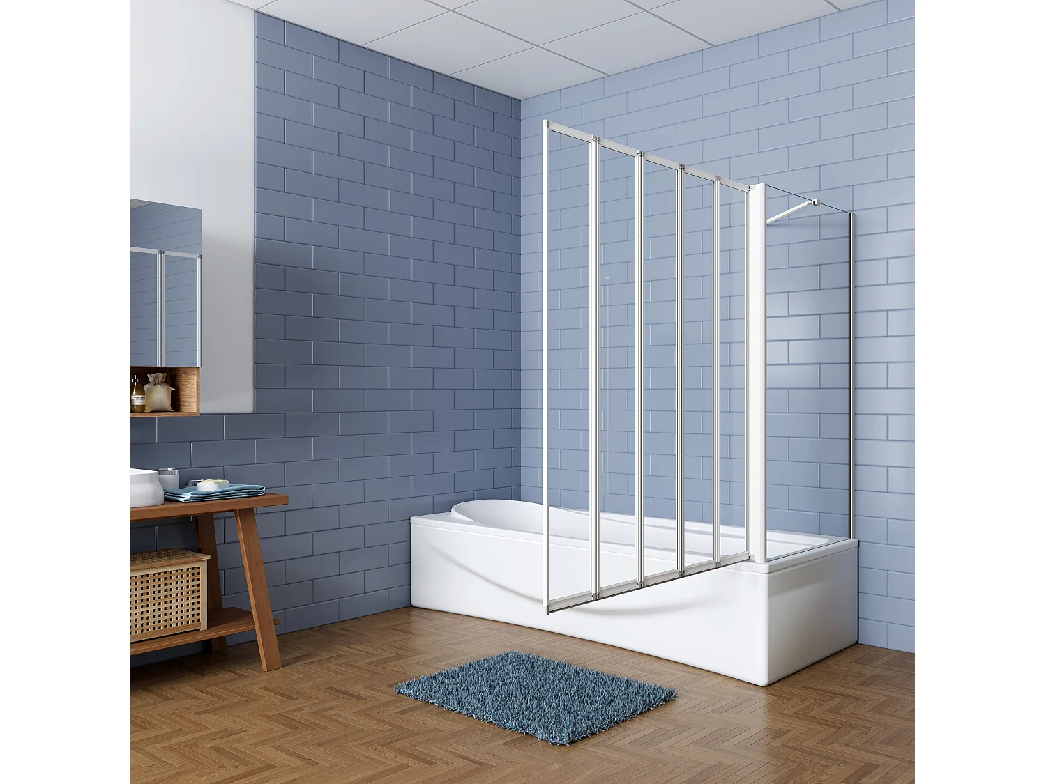 120x80x140cm Badwand 5 panelen vouwbaar met vast zijwand,4mm helder ESG-veiligheidsglas,profiel van mat grijs