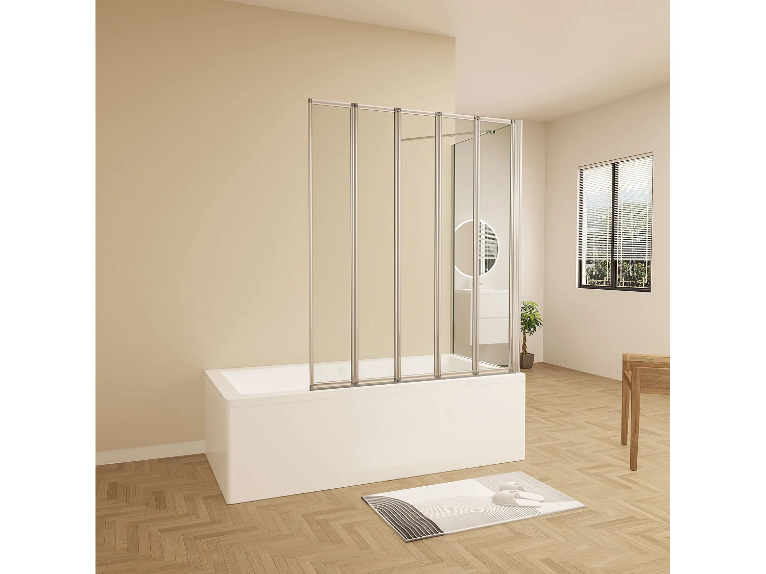 120x70x140cm Badwand 5 panelen vouwbaar met vast zijwand,4mm helder ESG-veiligheidsglas,profiel van glanzend chroom