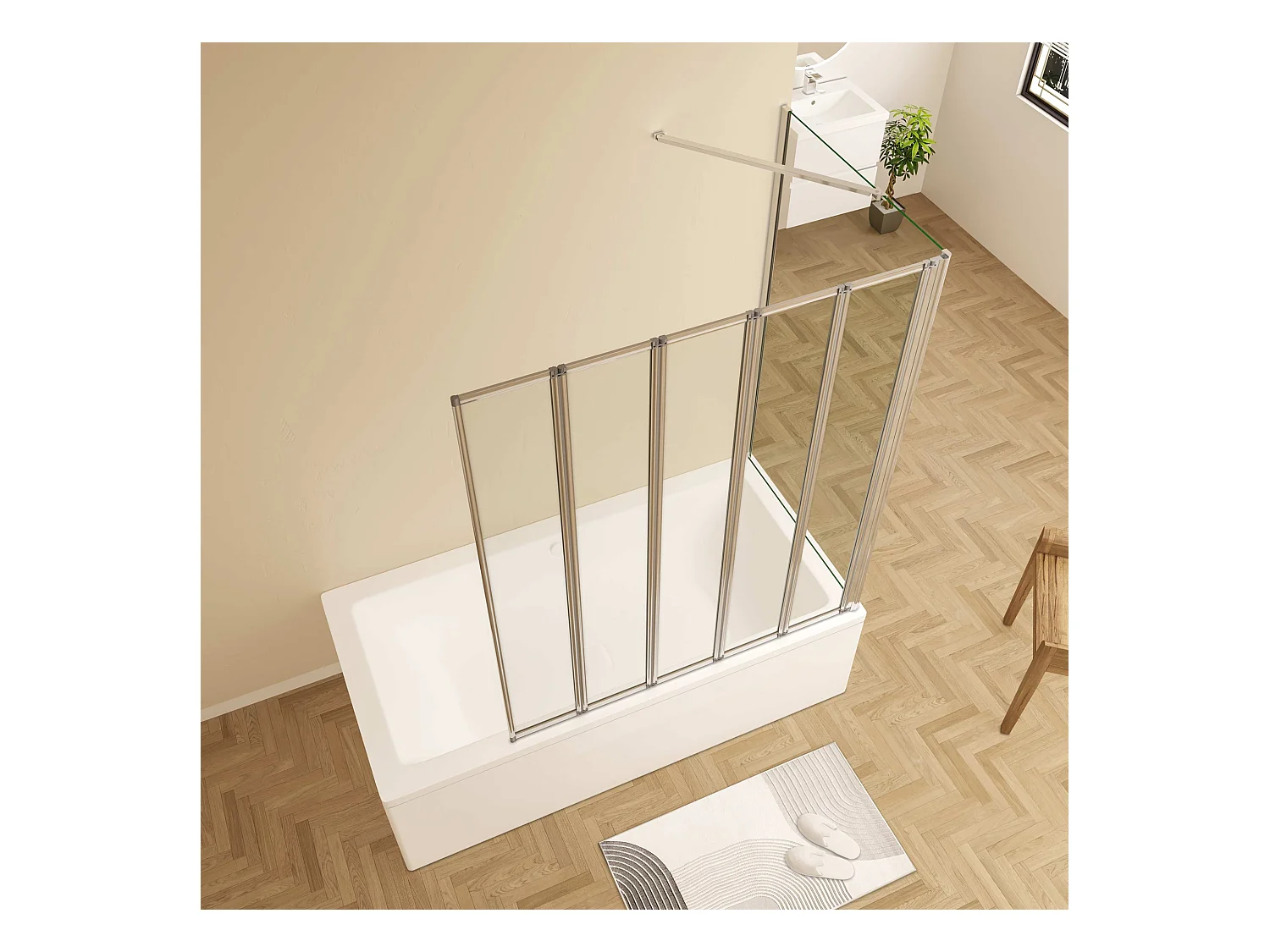 120x70x140cm Badwand 5 panelen vouwbaar met vast zijwand,4mm helder ESG-veiligheidsglas,profiel van glanzend chroom