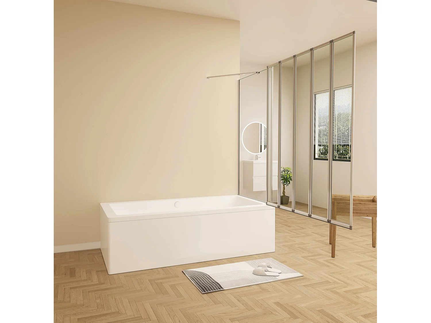 120x70x140cm Badwand 5 panelen vouwbaar met vast zijwand,4mm helder ESG-veiligheidsglas,profiel van glanzend chroom