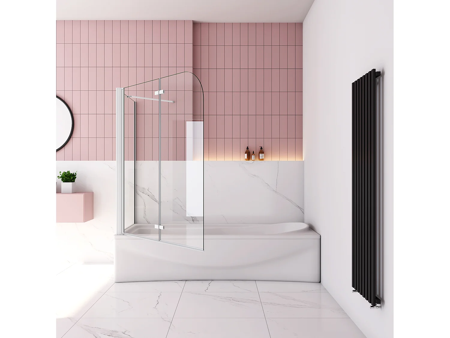 90x80x140cm Badscherm badwand 2 panelen vouwbaar met vast zijwand,6mm NANO helder ESG-veiligheidsglas - mat wit profiel