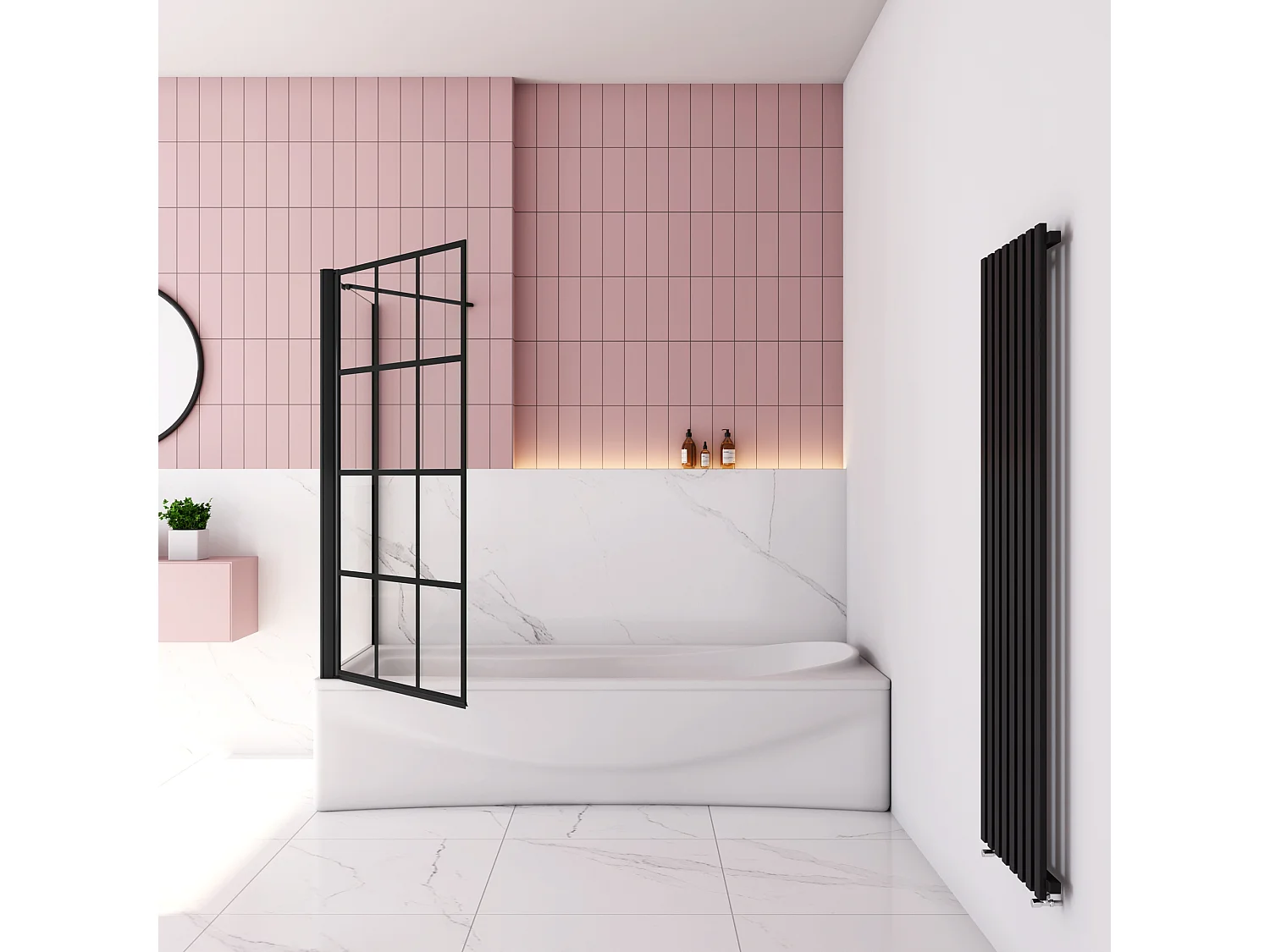 80x80x140cm Badscherm badwand draaibaar met vast zijwand,6mm nano helder veiligheidsglas - mat zwart profiel