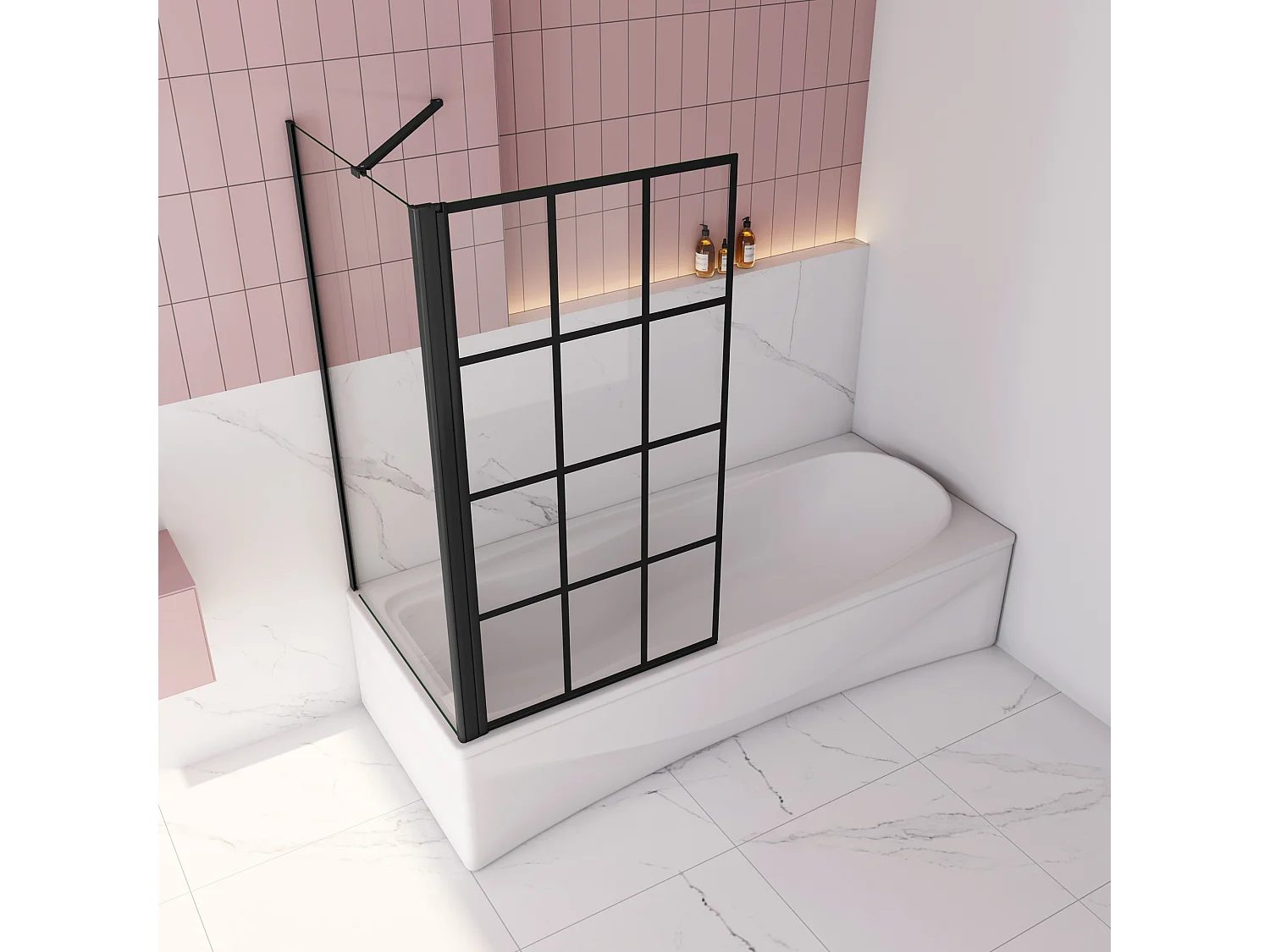 80x80x140cm Badscherm badwand draaibaar met vast zijwand,6mm nano helder veiligheidsglas - mat zwart profiel