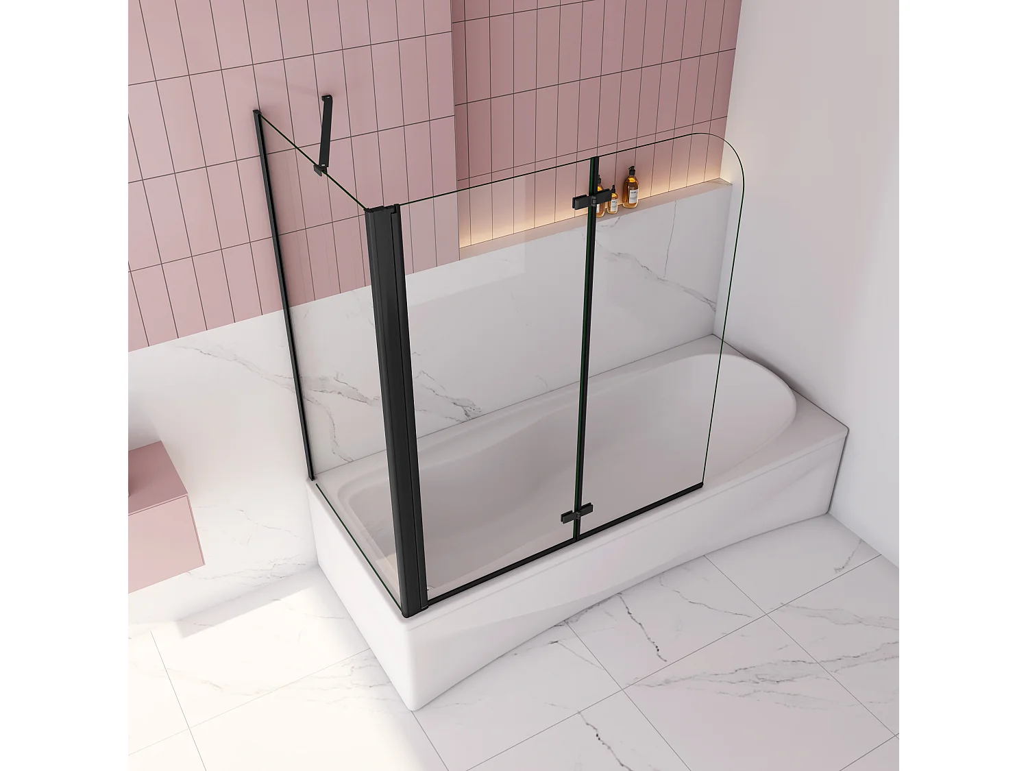 Badwand met 2 delig inklapbaar deur 120x140 cm en een zijwand 80cm ,6 mm helder EasyClean veiligheidsglas，mat zwarte profiel