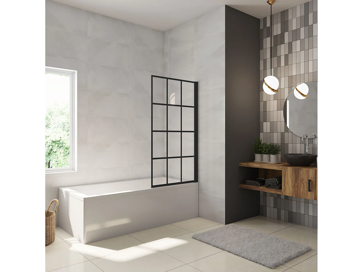 80x140cm Badscherm badwand draaibaar,6mm nano helder veiligheidsglas - mat zwart profiel