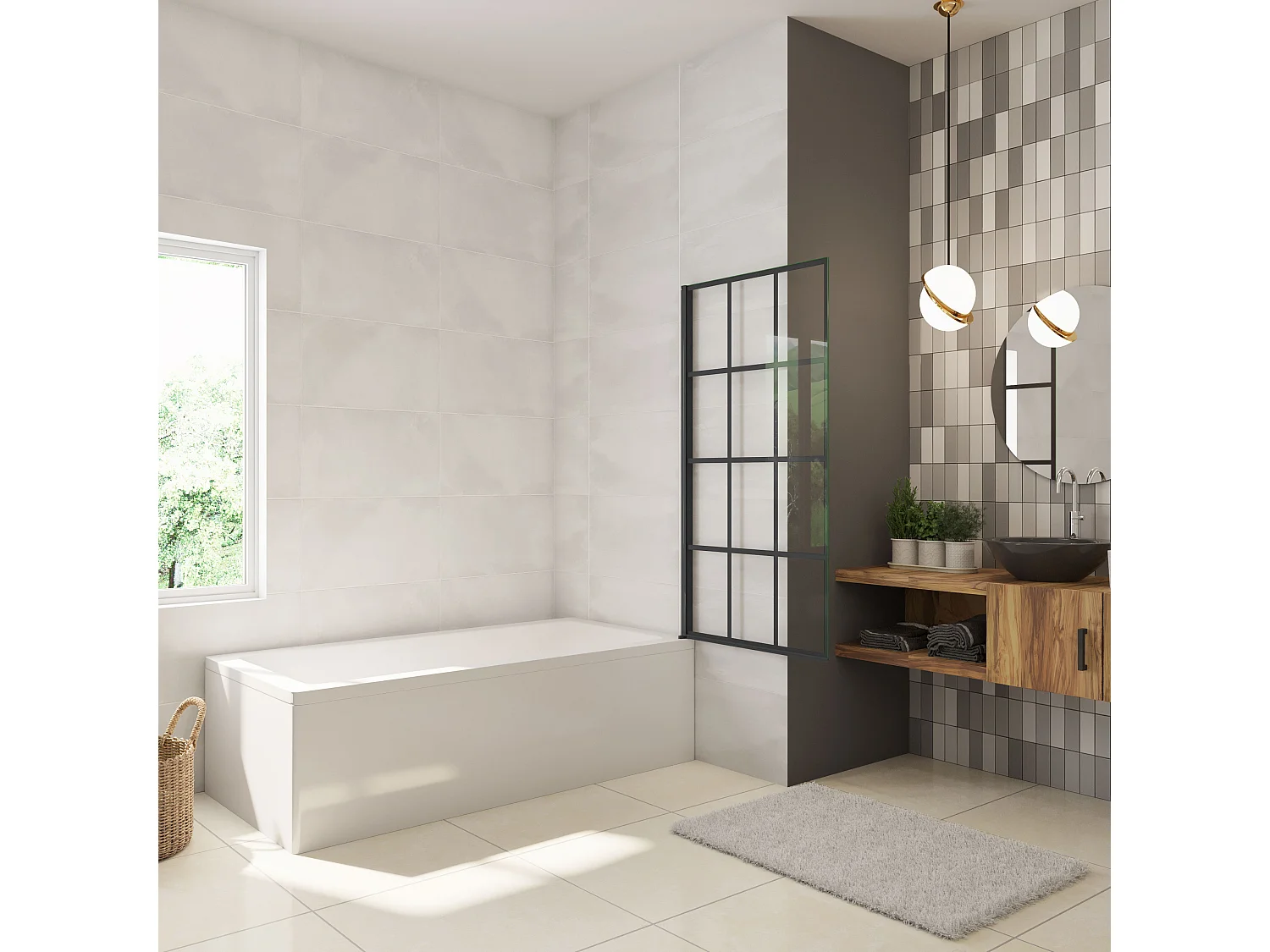 80x140cm Badscherm badwand draaibaar,6mm nano helder veiligheidsglas - mat zwart profiel