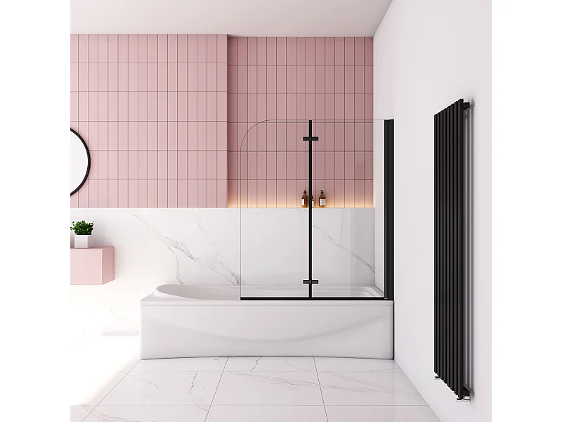 100x140cm Badscherm badwand 2 panelen vouwbaar,6mm NANO helder ESG-veiligheidsglas- mat zwart profiel