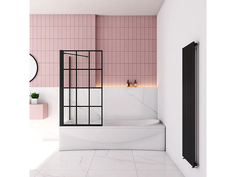 80x75x140cm Badscherm badwand draaibaar met vast zijwand,6mm nano helder veiligheidsglas - mat zwart profiel