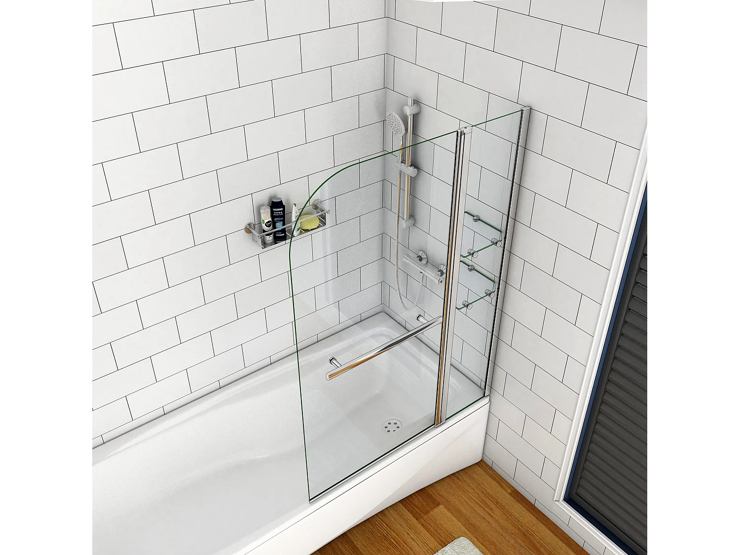 Badscherm badwand draaibaar 120x140cm,6mm helder ESG-veiligheidsglas,inclusief handdoekenrek en hoekplanken - glanzend chroom